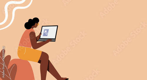 Relaxed woman using a laptop for remote work or online education in a modern, stylized environment, representing digital lifestyle and productivity.