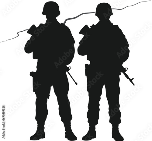 Two armed soldiers standing in silhouette, military comrades, black and white illustration, defense readiness, army teamwork, war zone, patriotic force