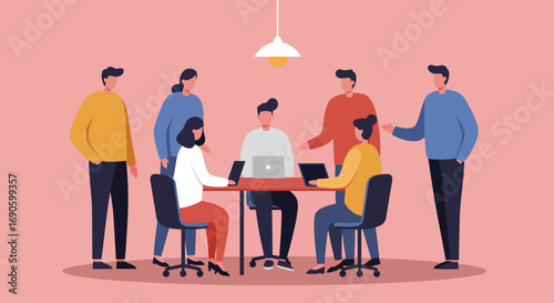 Diverse business professionals collaborate around a table with laptops, fostering teamwork and discussion in a modern office environment.