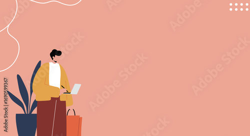 A man with shopping bags uses a laptop next to a potted plant, representing online commerce, modern lifestyle, or remote work.