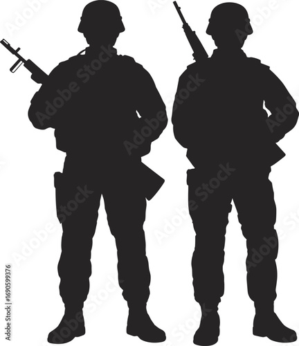 Two armed soldiers standing in silhouette, military comrades, black and white illustration, defense readiness, army teamwork, war zone, patriotic force