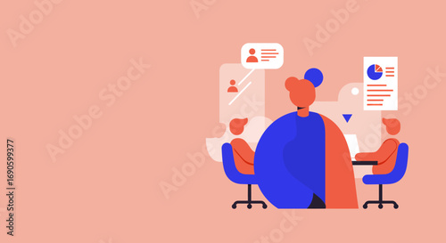 Abstract illustration of business professionals collaborating in a meeting, analyzing data and discussing ideas for strategy or recruitment. Ideal for corporate and HR themes.