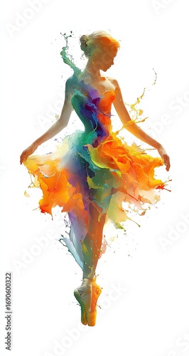 A stylized ballerina, vibrant colorful paint splatters forming her dress, poised in graceful mid-air pose