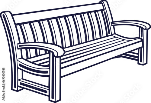 Classic wooden park bench line art illustration