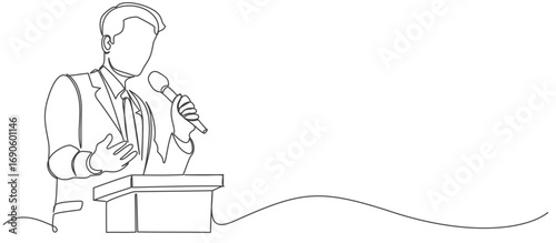 Businessman Presenting with Mic, line art, One Line Style vector illustration