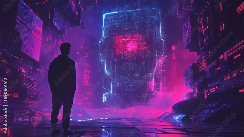 Obraz premium Man gazes at colossal glowing AI head in a futuristic neon city, evoking awe and wonder.