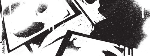 Black and white spray paint splatter with geometric shapes and drips forming abstract grunge texture