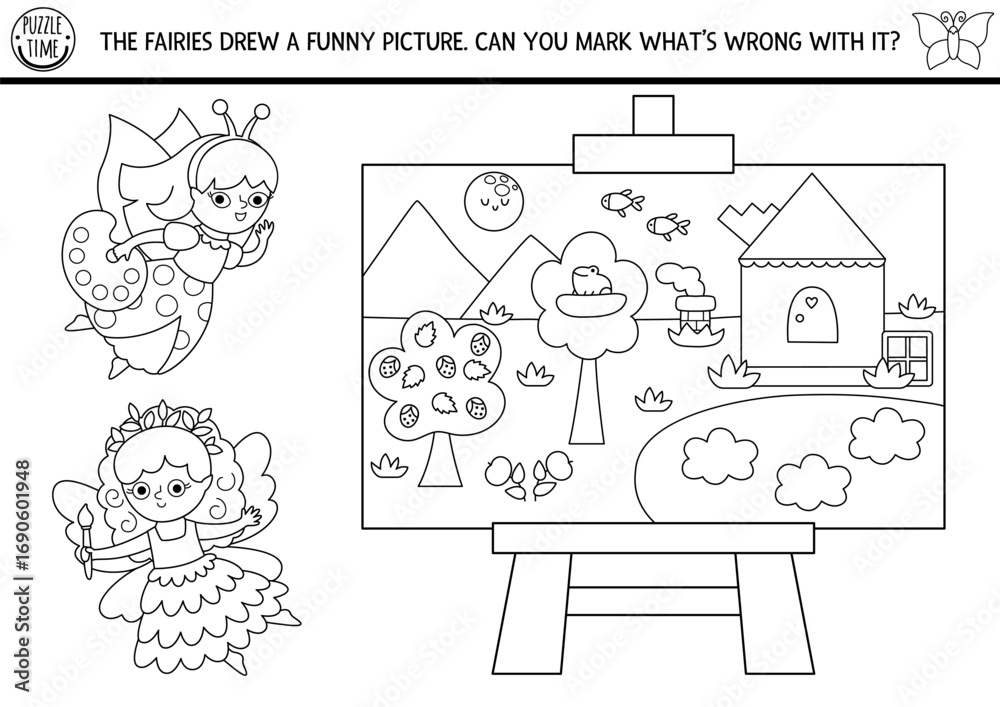 Naklejka premium Fairyland black and white logical activity with fairies drawing landscape with cloud in water, stairs on roof, fish on sky. What is wrong with picture. Logic coloring page. Magic fairy puzzle