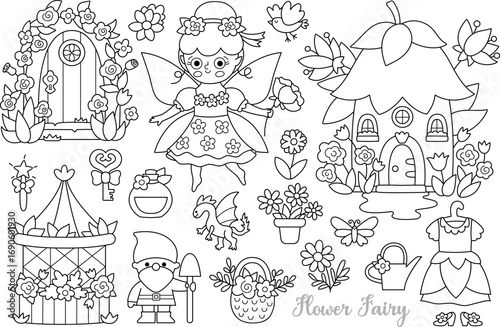 Vector black and white flower fairy clipart set. Cute girl line icons. Woodland garden princess collection. Fantasy, fairytale forest illustrations. Magic creature coloring page with butterfly, dwarf