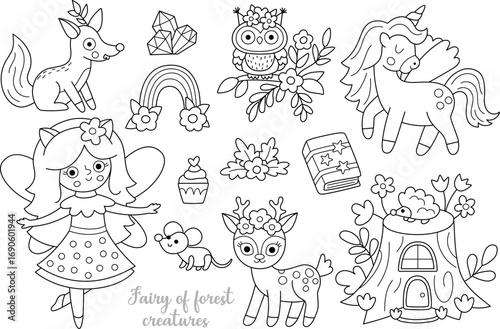 Vector black and white animal fairy clipart set. Cute girl line icons. Woodland princess collection. Fantasy fairytale forest illustrations. Magic creature coloring page with deer, unicorn, house