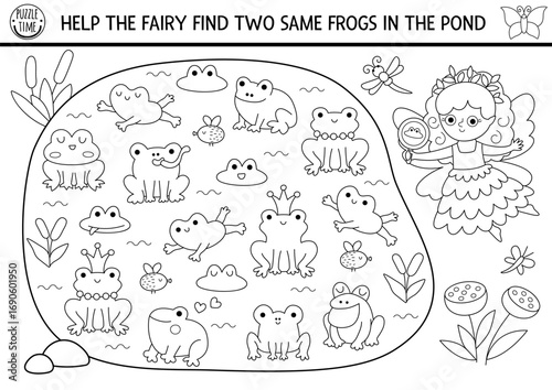 Help fairy find two same frogs in pond. Fairyland black and white matching activity, coloring page. Magic forest, woodland educational quiz worksheet with water animal. Printable game with toad