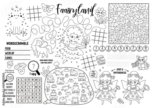 Vector fairyland placemat for kids. Magic forest printable activity mat with maze, tic tac toe chart, connect the dots, find difference. Woodland fairy black and white play mat or coloring page