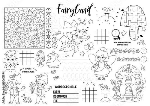 Vector fairyland placemat for kids. Magic forest printable activity mat with maze, tic tac toe chart, connect the dots, find difference. Woodland fairy black and white play mat or coloring page