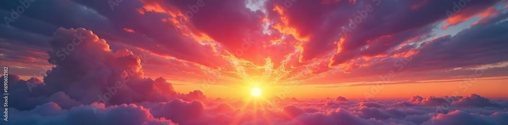Obraz premium Fiery hues paint the sky as the sun dips below the horizon, igniting a breathtaking display of color in the clouds Perfect for travel, nature, and weather themed projects , texture, awesome