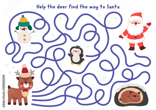 Christmas village maze for children with cute deer searching way to Santa Claus. Funny simple labyrinth game with reindeer, penguin, bear, snowman. Winter holiday printable activity, worksheet