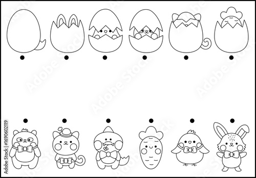 Easter black and white matching activity for children with kawaii animals hiding in eggs. Fun spring holiday puzzle with cute hatching bunny, chick. Printable worksheet or coloring page for kids