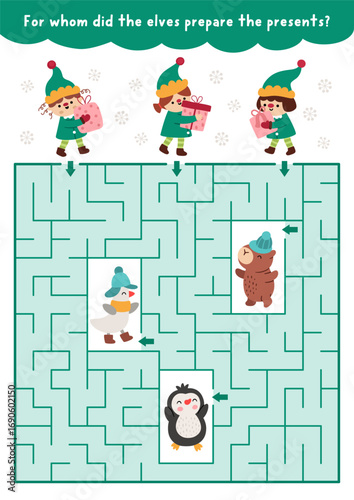 Christmas village geometrical maze for children with elves giving presents to animals. Funny labyrinth game with capybara, goose, penguin, gifts. Winter holiday printable activity, worksheet