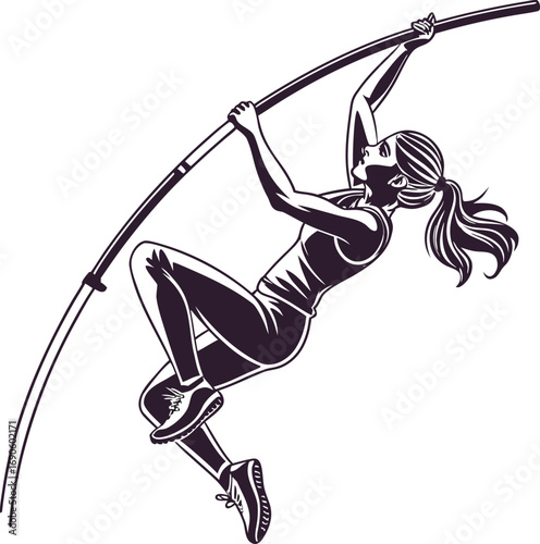 Female athlete pole vaulting dynamic action silhouette