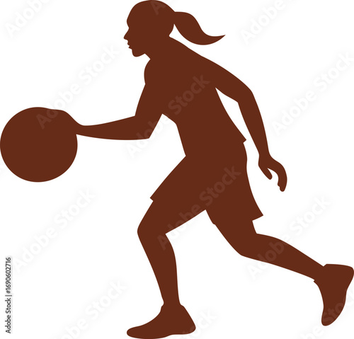Female basketball player silhouette dribbling ball action