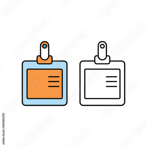 Vector art of two cartoon id badges, one colored orange and blue, the other outlined
