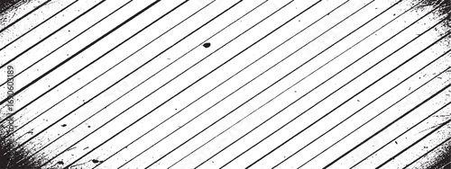 Diagonal black lines with distressed textured border creating rustic aged black and white surface pattern