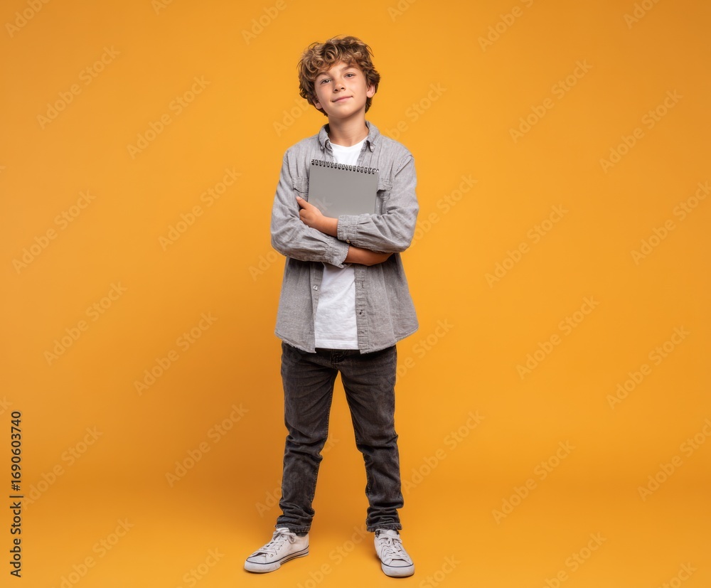 Fototapeta premium A young boy stands confidently against a vibrant orange background, holding a gray spiral-bound notebook with arms crossed.
