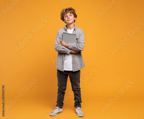 A young boy stands confidently against a vibrant orange background, holding a gray spiral-bound notebook with arms crossed.