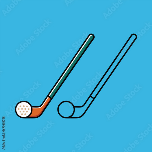 Vector art of two golf clubs and a golf ball on a blue background