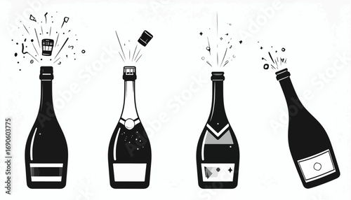 Champagne bottles popping, celebrating with bubbly drinks, festive moments.