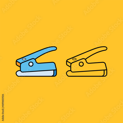 Vector art of two cartoon hole punchers, one in color and one in outline, on a yellow background