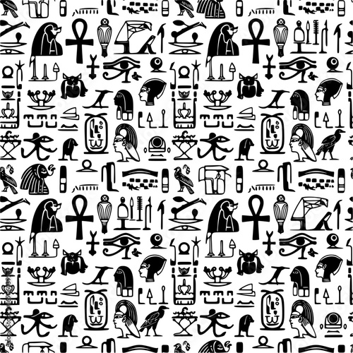 Ancient Egyptian Hieroglyphs Seamless Pattern, Historical Symbols and Decorative Vector Background Design
