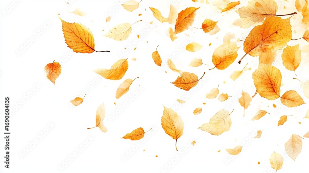 Fototapeta premium Golden autumn leaves falling against a white backdrop, creating a sense of motion and seasonal change