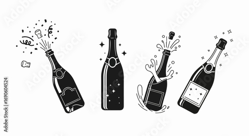 Set of Hand Drawn Champagne Bottle Illustrations.