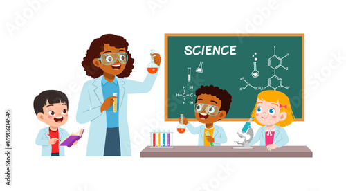Happy Children Learning Science with Teacher in Classroom with Lab Equipment Illustration