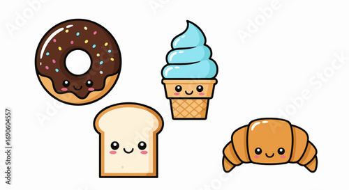 Set of Cute Kawaii Food Characters Illustration.