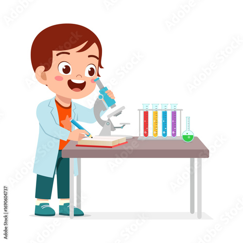 Happy Young Asian Scientist Boy Using Microscope with Test Tubes on Table