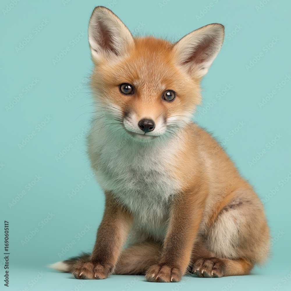 Fototapeta premium Adorable fox cub sitting playfully on pastel turquoise background.
