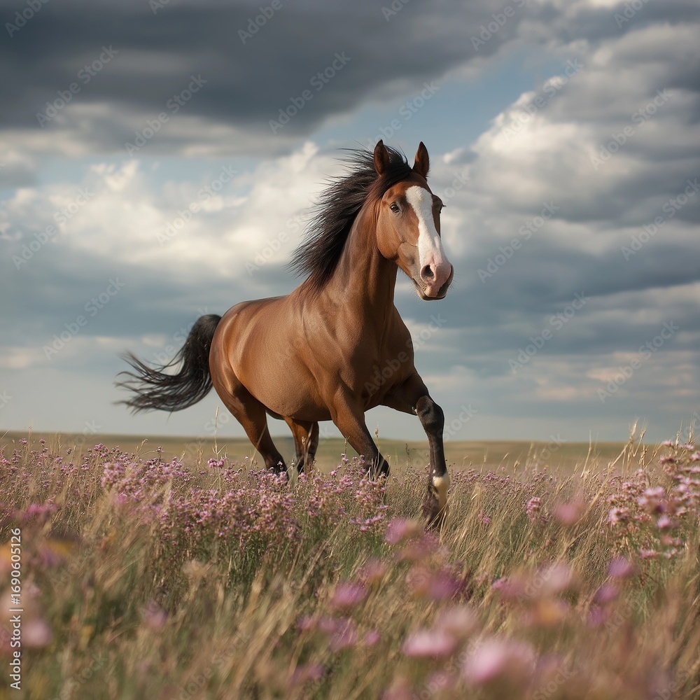 Obraz premium Strong brown horse galloping through a field of wildflowers under dramatic cloudy sky.