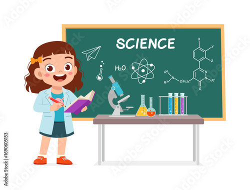 Happy Little Girl Studying Science with Microscope and Chemical Formulas on Chalkboard