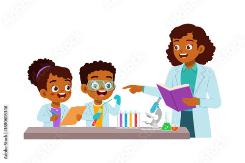 African Teacher teaching children in a science classroom doing experiment with enthusiasm