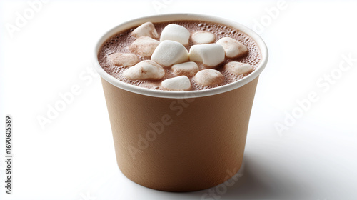 A brown paper cup filled with rich hot chocolate topped with fluffy marshmallows, perfect for a cozy treat on white background 