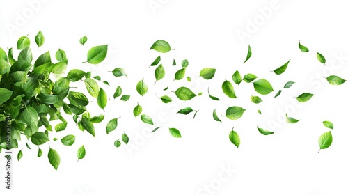 Lush green leaves scattering across a white background, creating a vibrant and dynamic effect