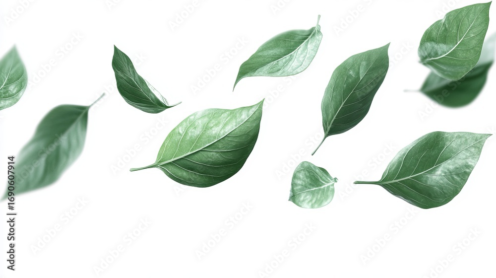 Naklejka premium Green leaves float against a white backdrop, creating a sense of lightness and natural beauty