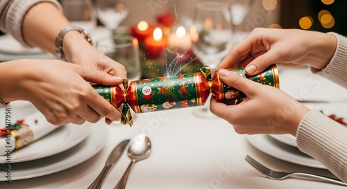 Hands pulling a Christmas cracker at a festive dinner table, creating a moment of shared holiday joy.