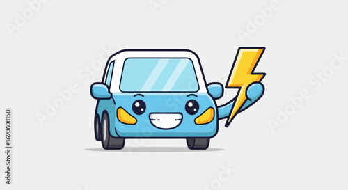 Cute cartoon electric car character holding a lightning bolt with a happy expression