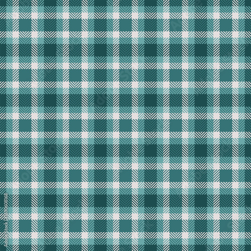Old textile pattern fabric, bandanna plaid check texture. Kilt tartan background vector seamless in cyan and white colors.
