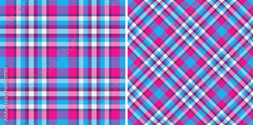 Vibrant plaid pattern featuring blue, pink, white, and purple hues. Ideal for fabric design, backgrounds, fashion, and creative projects needing a colorful, textured look.