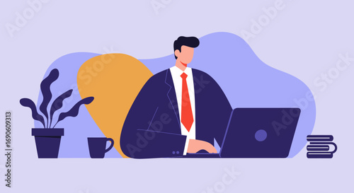 A professional businessman in a suit works diligently on a laptop, symbolizing productivity, remote work, and modern enterprise.