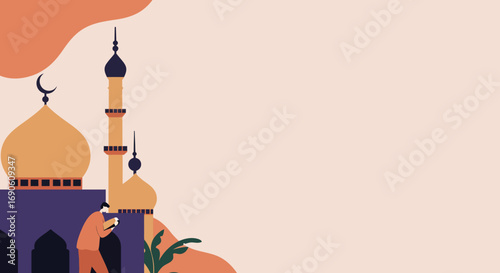 Stylized illustration of a person reading a book near a mosque, symbolizing Islamic culture, education, and devotion. Ideal for spiritual content, Ramadan, and cultural studies.