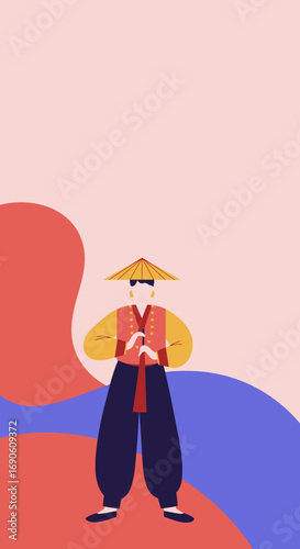 Stylized illustration of a person in traditional Korean Hanbok with a conical hat, representing cultural heritage and East Asian elegance.